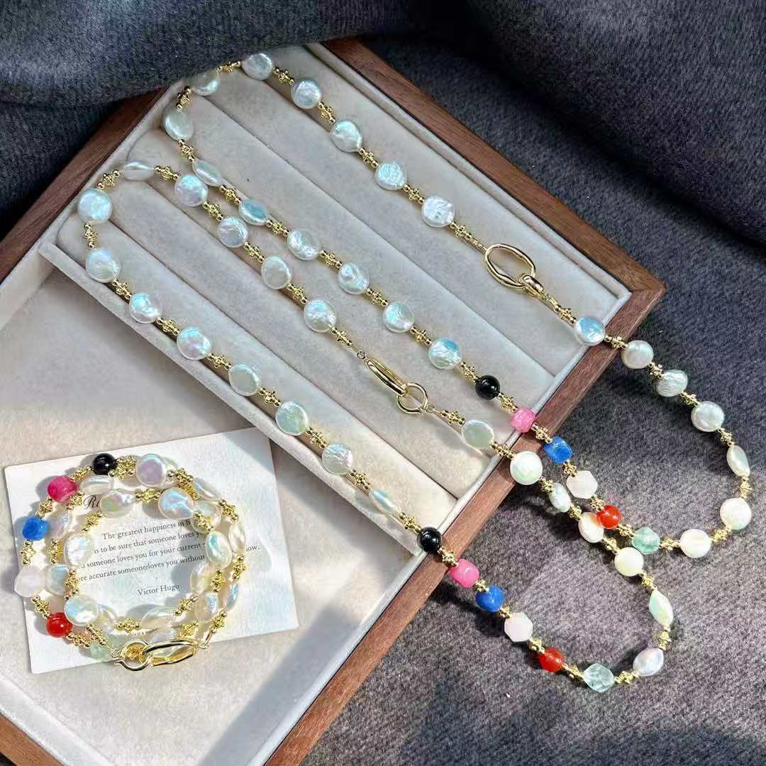 

Vintage Natural Freshwater Baroque Pearl Sugar Cube Agate Necklace Clavicle Chain
