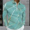 Men Plus Size Long Sleeve Quarter Zip Collared Polo Shirt Teal Printed