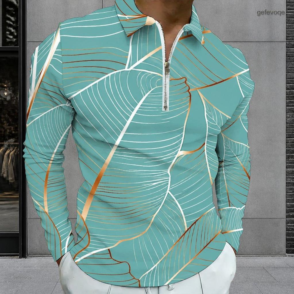 Men Plus Size Long Sleeve Quarter Zip Collared Polo Shirt Teal Printed