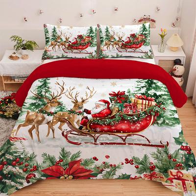 3PC Sled Elderly Duvet Cover Cute Elk Set Bedding Set Christmas Furniture Decor No Filler/Core