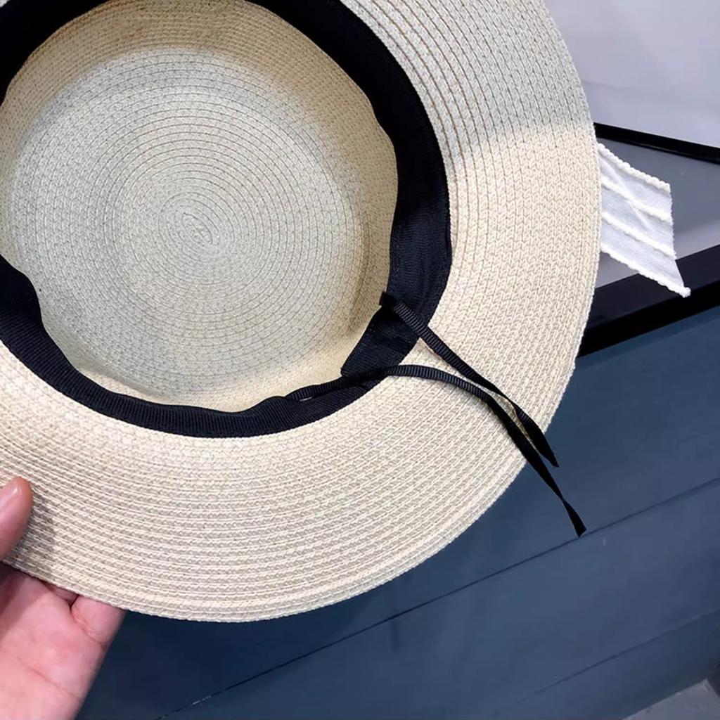 Women's Summer Straw Hat with Ribbon, Wide Brim Sun Protection Beach Cap, Elegant Flat Top Fisherman Hat for Outdoor Use