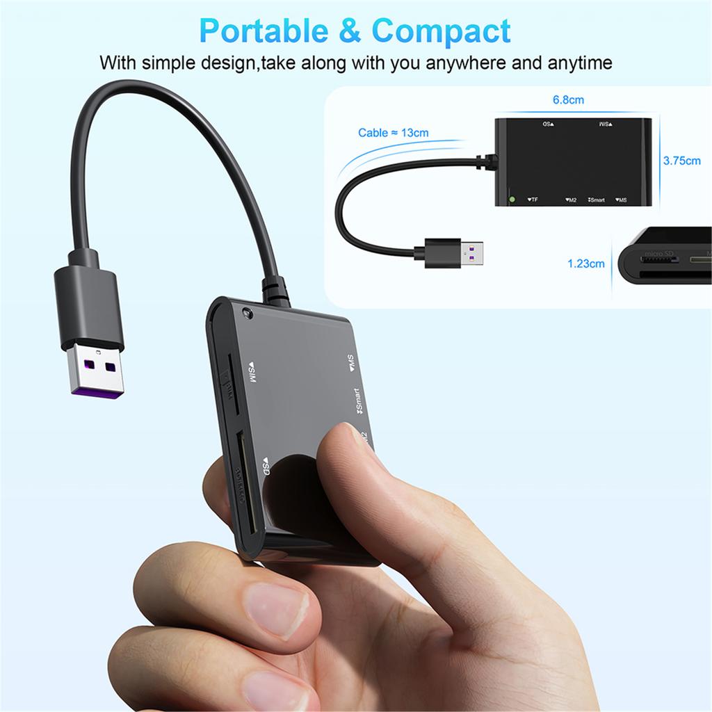 6-in-1 Multi Memory Card Reader for Windows Mac Smart/MS/M2/TF/SIM/SD Card Reader No Application Required Plug and Play