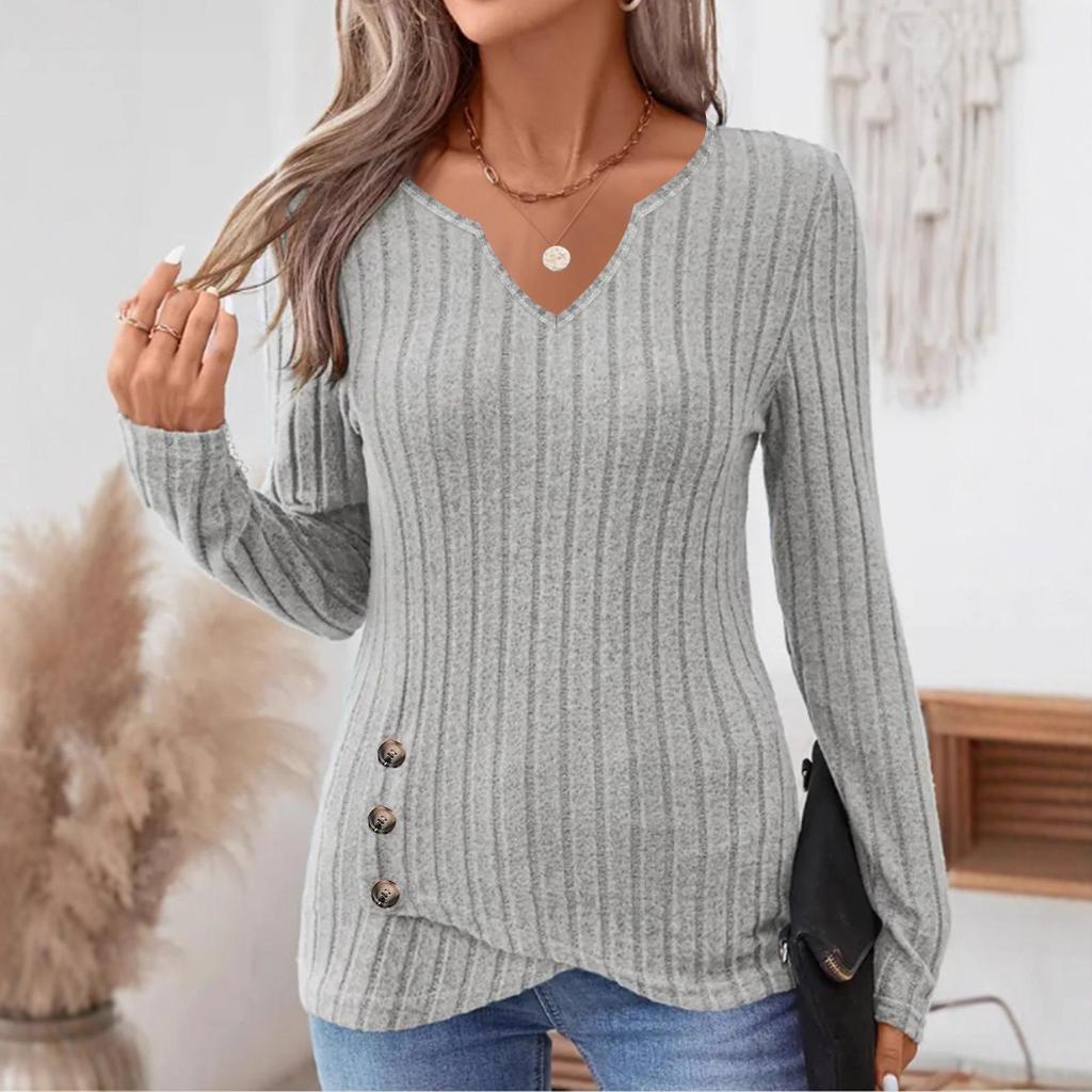 European & American Ribbed V-Neck Long Sleeve Top with Cut-Out Detail & Irregular Hem