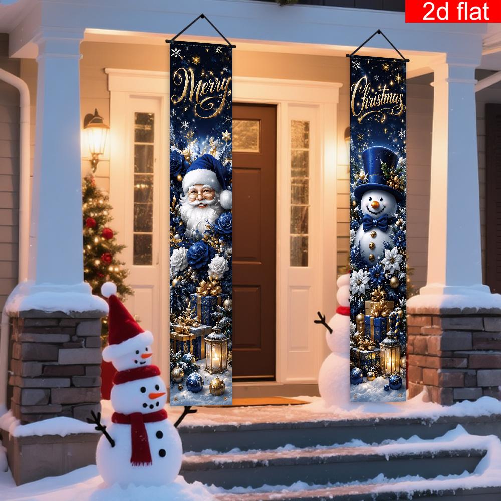 Merry Christmas Porch Sign Santa Claus Snowman Flower Box 1 Pair Polyester Indoor Outdoor Decor