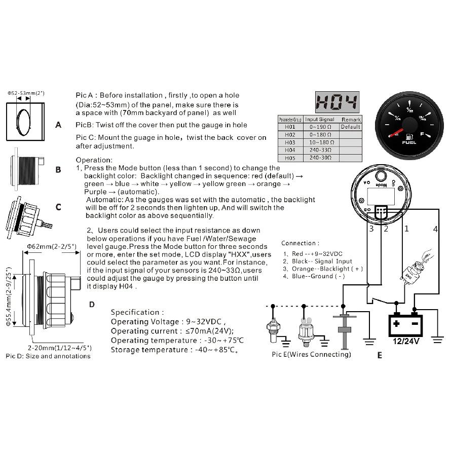 Universal Auto Car 52MM Fuel Level Gauge 8 Color Light 0-190 Ohm Pointer Oil Tank Meter 240-33 Ohm Waterproof 12V 24V Custom