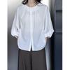 Ju Zhi 2025 Spring Chic Solid Color French Round Neck Gathered Sleeve Women's Shirt