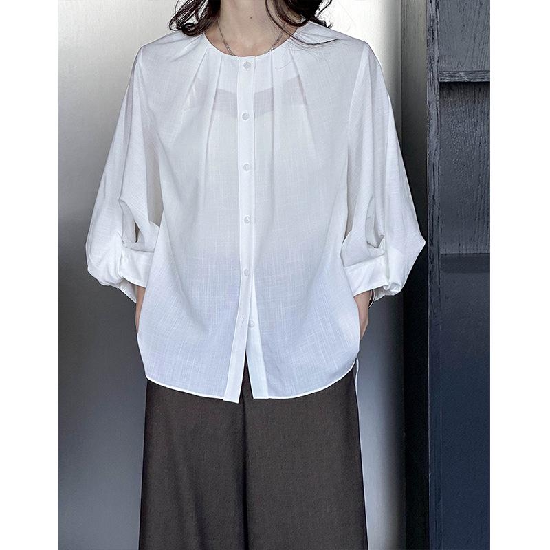 Ju Zhi 2025 Spring Chic Solid Color French Round Neck Gathered Sleeve Women's Shirt