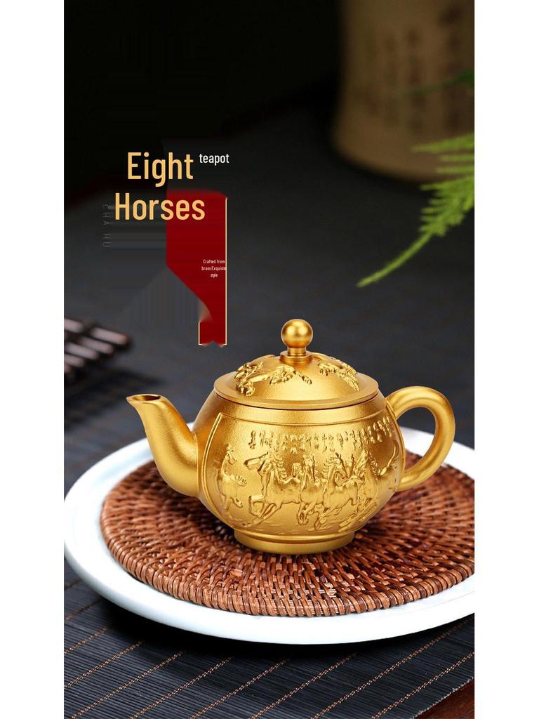 Ornamento Bule de Chá de Latão Oito Cavalos: Artesanato Criativo em Cobre para Sucesso Imediato no Escritório ou em Casa