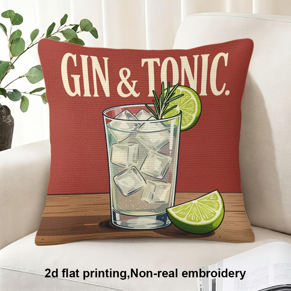 Gin and Tonic Cocktail Pillow Case, Retro Red Drink Cushion Cover for Bar Kitchen Sofa Funny Alcohol Home Decor Throw Pillowcase