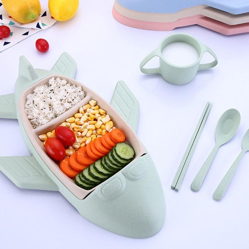 Toddler Dinnerware Set with Cartoon Tray and Cup, 5 Piece Baby Feeding Set with Spoon Fork and Chopsticks for Family Dining
