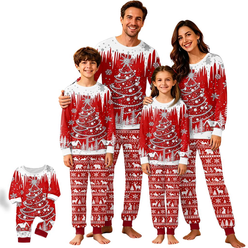Family Matching Christmas Pajama Set, Round Neck Long Sleeve Top and Pants for Kids and Adults, Holiday Loungewear