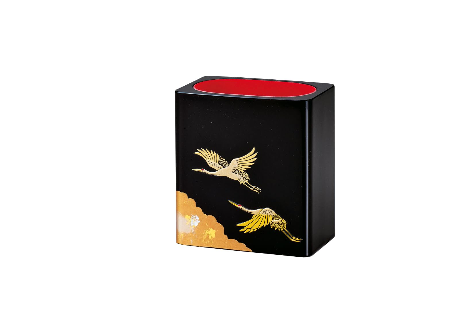 

Nakatani Brothers Yamanaka Lacquer Eyeglass Stand, Black, Gold and Silver Leaf Maki-e, Shokaku Design, 37-1519
