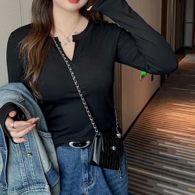 Plus Size Women's Spring and Autumn New Style Threaded V-neck Bottoming Shirt Women's Inner Design Long-sleeved T-shirt Slim Top
