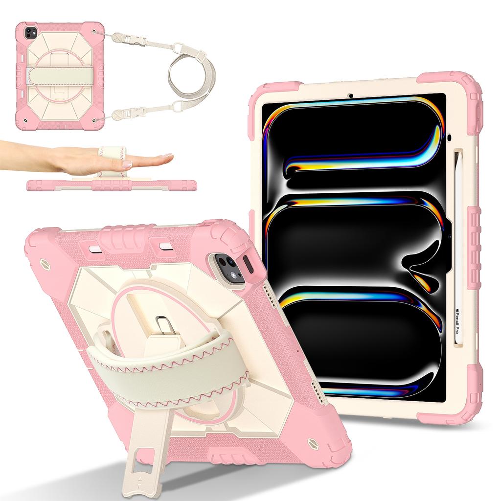 For iPad Pro 13 (2025)/13 (2024) Case Silicone + PC Kickstand Tablet Cover with Handy Strap, Shoulder Strap