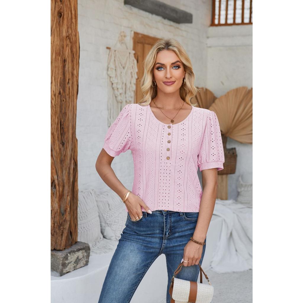 GMXIA Women's Spring Summer Buttoned Round Neck Puffy Sleeve Loose Solid Color T-shirt