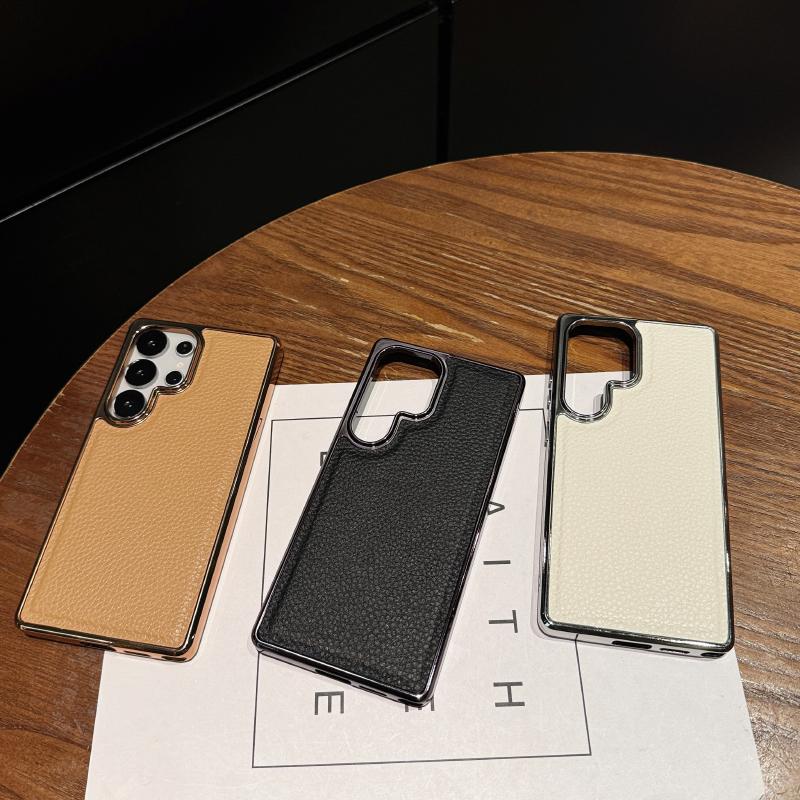Luxury Solid Color Lychee Leather Plating Border Soft Phone Case For Samsung Galaxy S25 Ultra Egde S24 Ultra Plus FE Back Cover