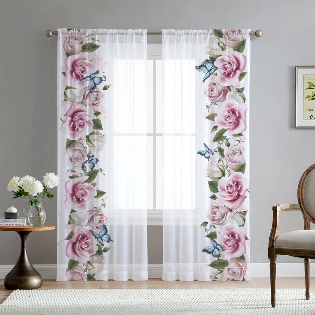 Romantic Rose Floral Yellow Flowers Voile Curtain Living Room Home Kitchen Green Leaves Butterfly Window Tulle With Sheer Polyester Perfect For