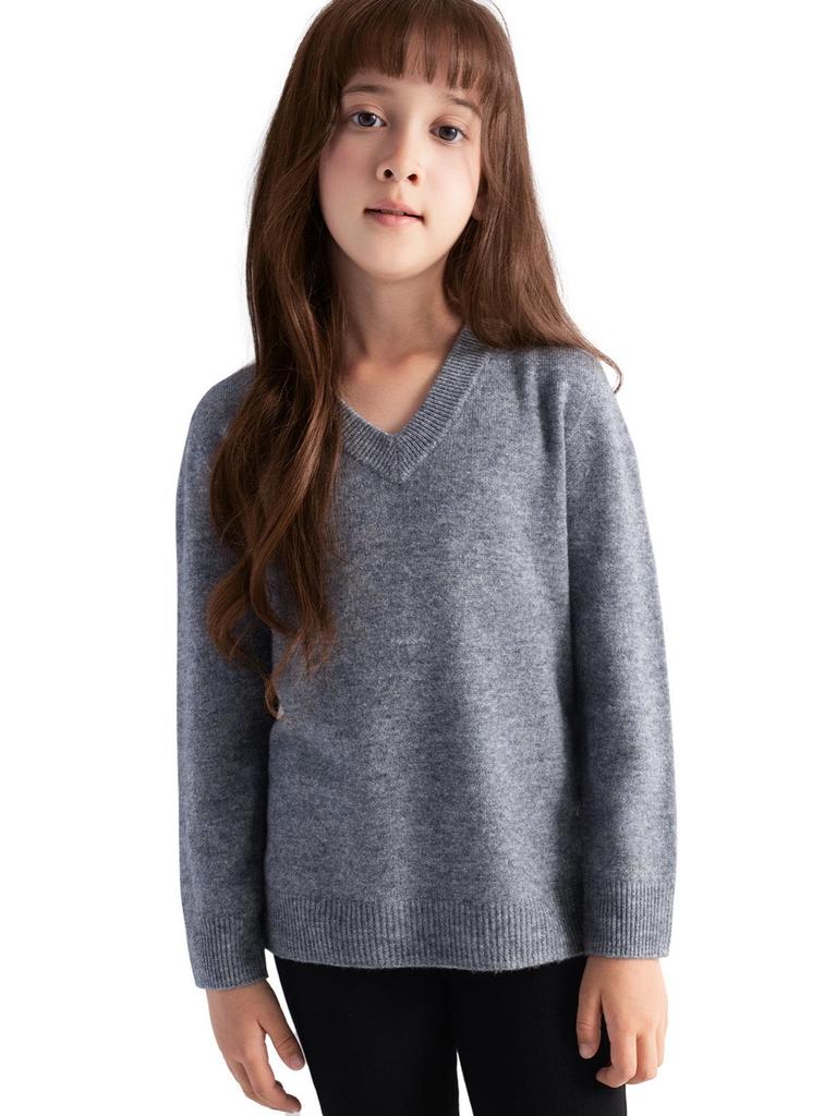 Girls' V-neck Wool Base Layer Sweater - Soft, Warm, Skin-friendly, Solid Color One-Piece Top