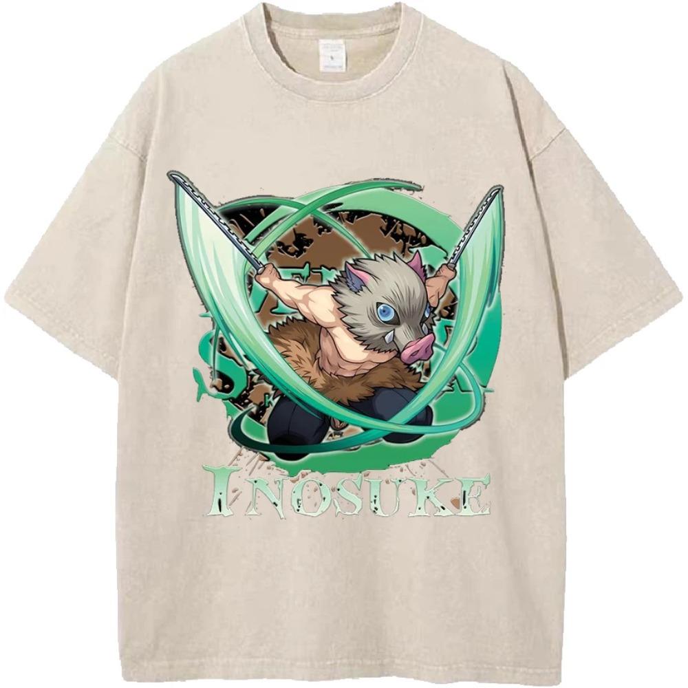 Hot Anime Demon Slayer Hashibira Inosuke Printing Tshirt Men Washed Cotton T-shirts Vintage Oversized Tee Harajuku Male T Shirt S 1653₽