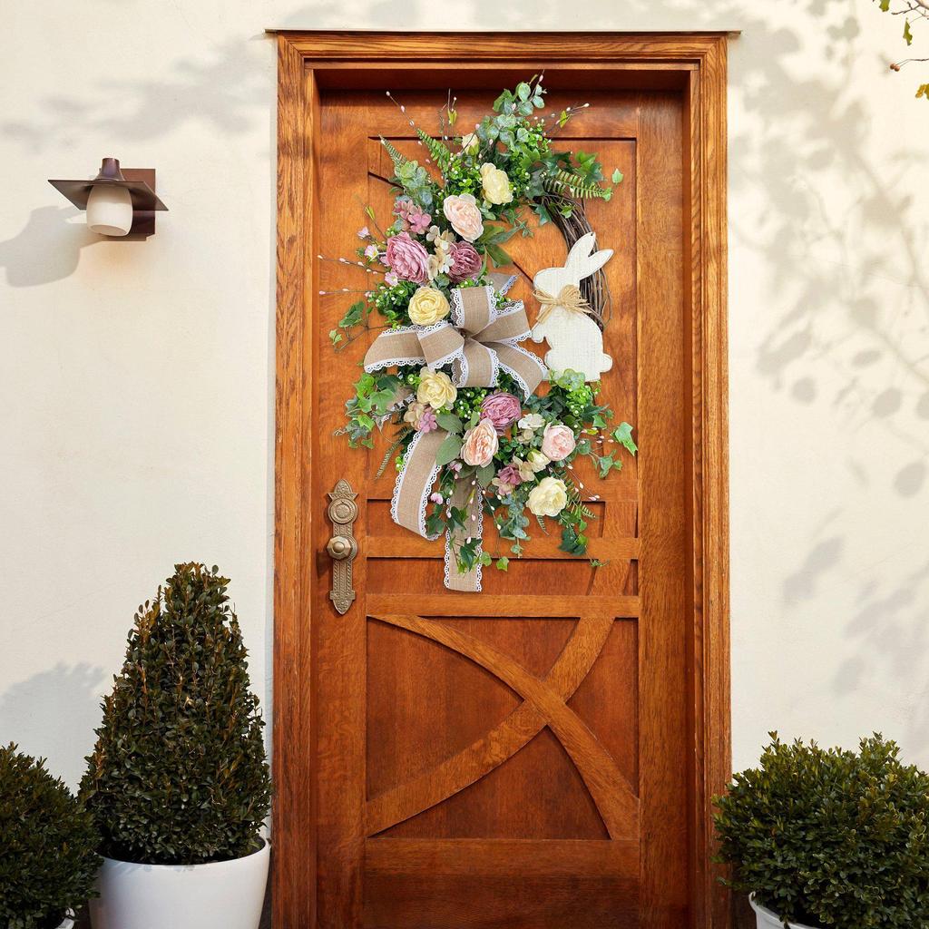 New Easter Wreath with Green Plants, Bowknot, and Rabbit Wall Decor