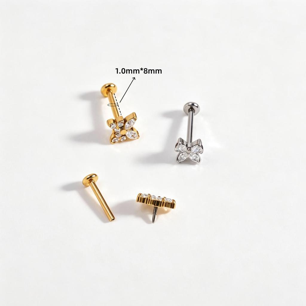 Stainless Steel Zirconia Inlaid Heart & Butterfly Ear Bone and Lip Stud Piercing Jewelry