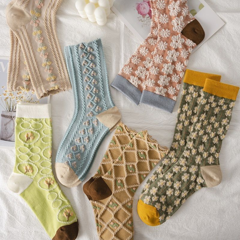 5 Pieces/white Floral Mid-tube Socks Women's Trendy Japanese Powder Fog Color Student Loli Spring Thin Section JK Socks Pink New