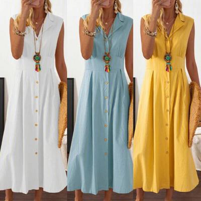 Summer Lapel V-neck Sleeveless Shirt Dress High-Waist Single Breasted Waist Tight Solid Color Midi Dress Workwear