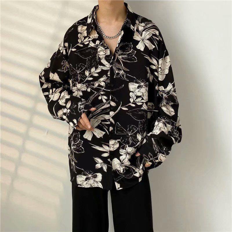 Unisex Thai Vintage Floral Long-Sleeve Shirt, Loose Fit for Street Dance, Spring/Autumn