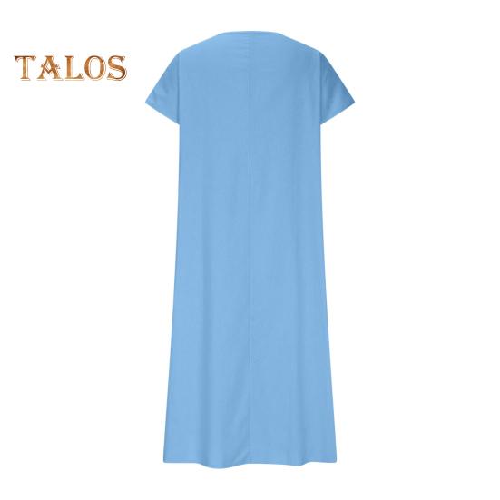 Damekjole i bomull og lin, avslappet, kortermet, v-hals, lang kjole, sommer, strand, ferie, swing, sommerkjole