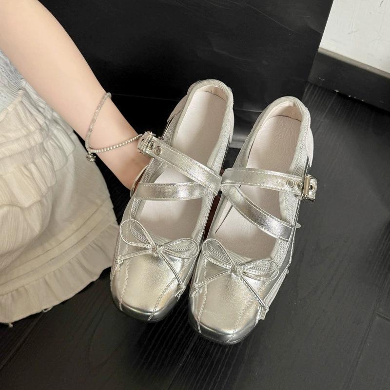 Retro bow ballet Mary Jane shoes women's summer 2025 new versatile light mouth flat shoes silver single shoes