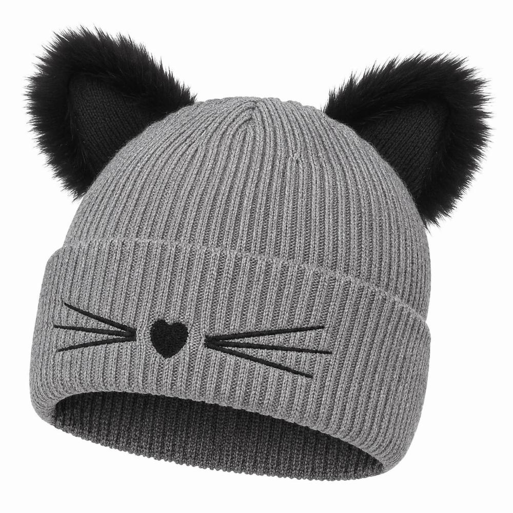 Embroidery Cat Ear Beanie Faux Fur Winter Hat Cute Kawaii Beanie For Women