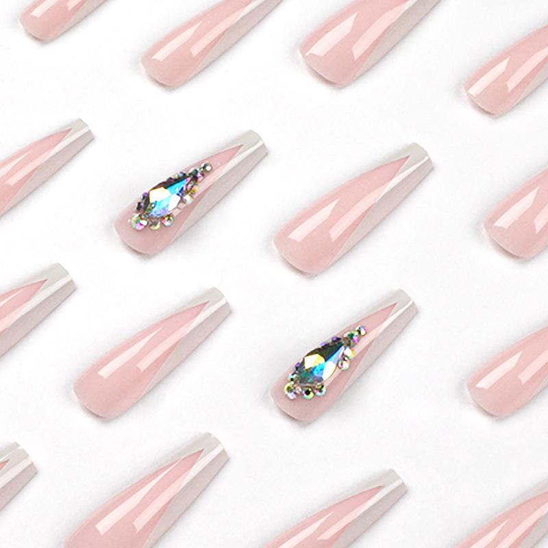 Nail sticker Removable nail piece Wearing nail, French white edge bare powder rhinestone nail patch Nail piece nails