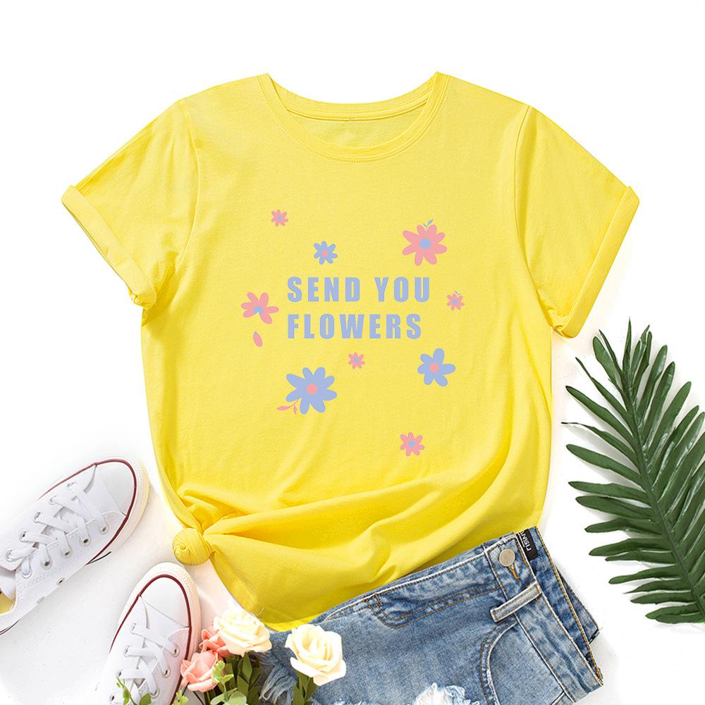 Send You Flowers Cotton T-Shirt Short Sleeve Round Neck Women 2d Print Tops