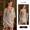 Women's Satin Floral Embroidered Mesh Deep V Slit Cami Sleep Dress with Robe Lounge Set
