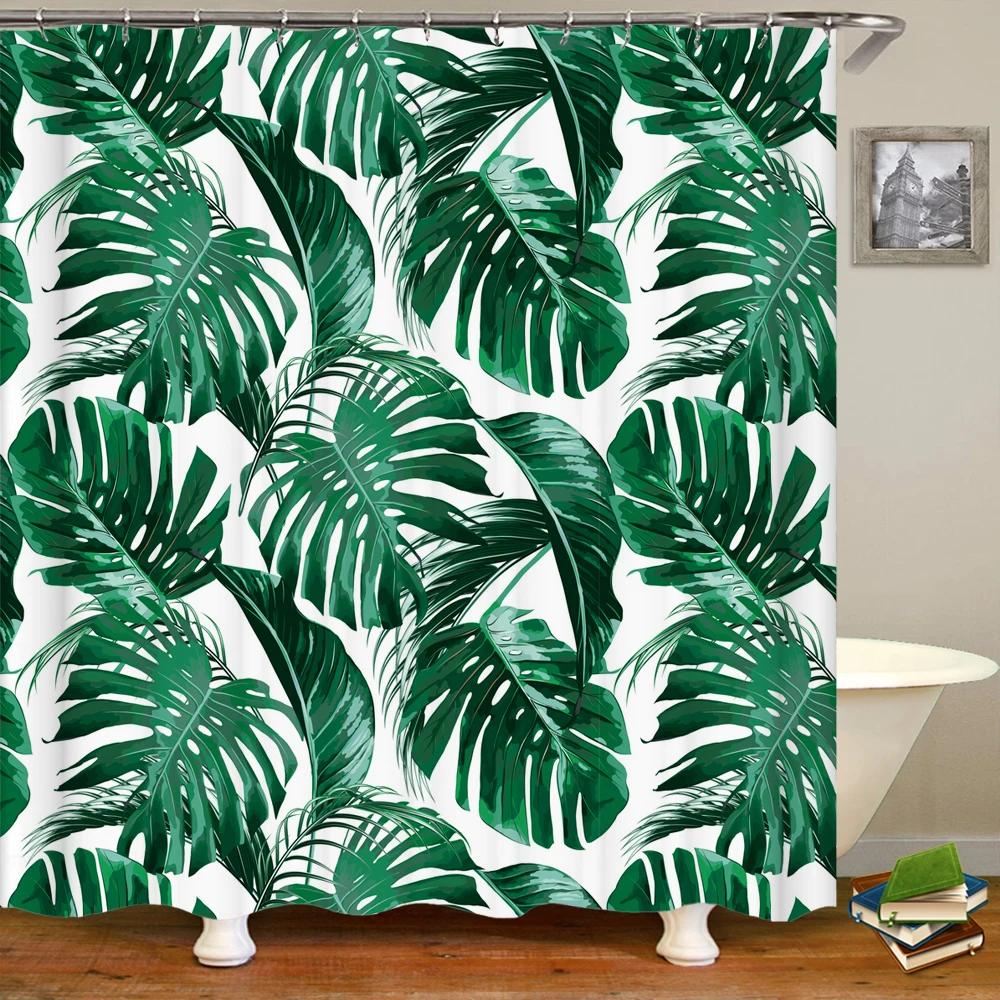 Green Plant Leaves Printed Shower Curtains Waterproof Polyester Curtain with Hook Decoration Bathroom Curtains 3D Shower Curtain