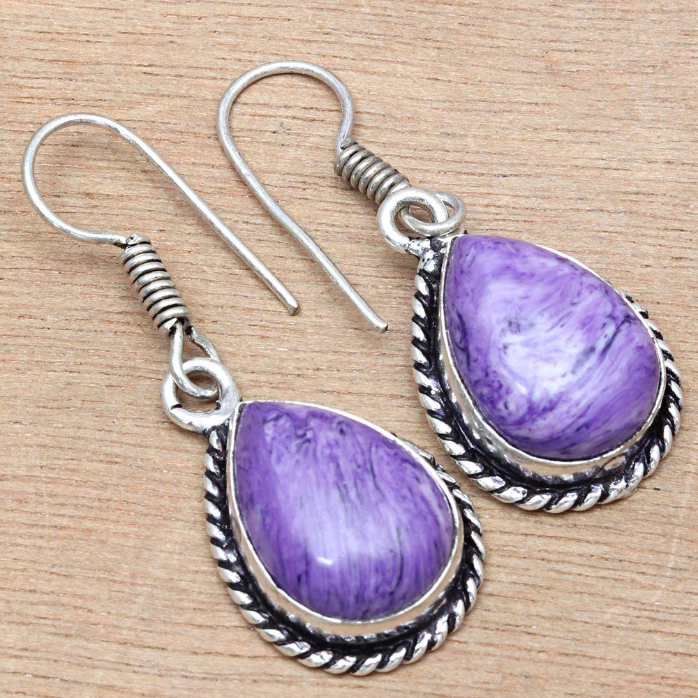 Cheroite Gemstone Handmade Gift For Her Silver Jewelry Earrings 1.5"