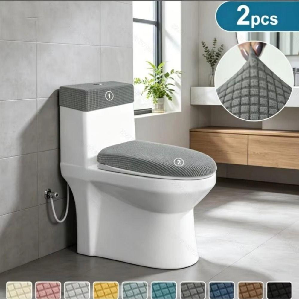 2Pcs/Set Solid Color Toilet Seat Cover Thickened Tank Lid Cover Bathroom Seat Protector
