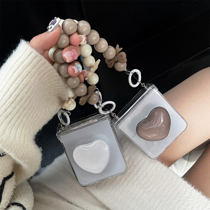 Glass Heart-shaped Airbag Holder Phone Case for Samsung Zflip6 Handheld Chain Xlip Flip Folding Screen Ins