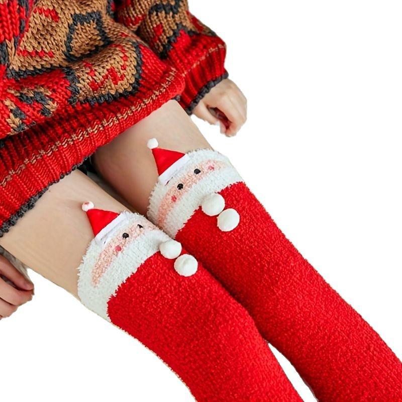 1 Pair of Santa Claus Knee-High Coral Velvet Warm Christmas Socks