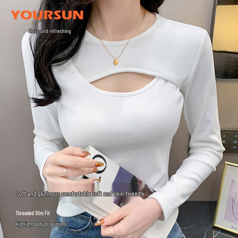 Yiershuang Women's Hollow Design Slim-Fit Long Sleeve T-Shirt