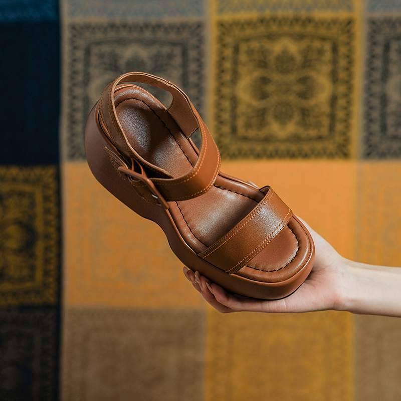 Krazing Pot Cow Leather Peep Toe Thick High Heels Platform Summer Shoes Buckle Straps Casual Waterproof Women Sandals