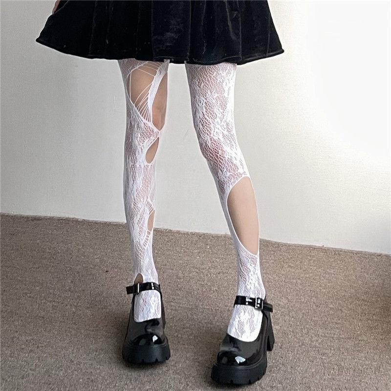Sexy Hot Girl Jk Long High Knee Torn Fishnet Stockings Over The Knee Socks Women Black Garter Socks Nylon Mesh Ripped Pantyhose