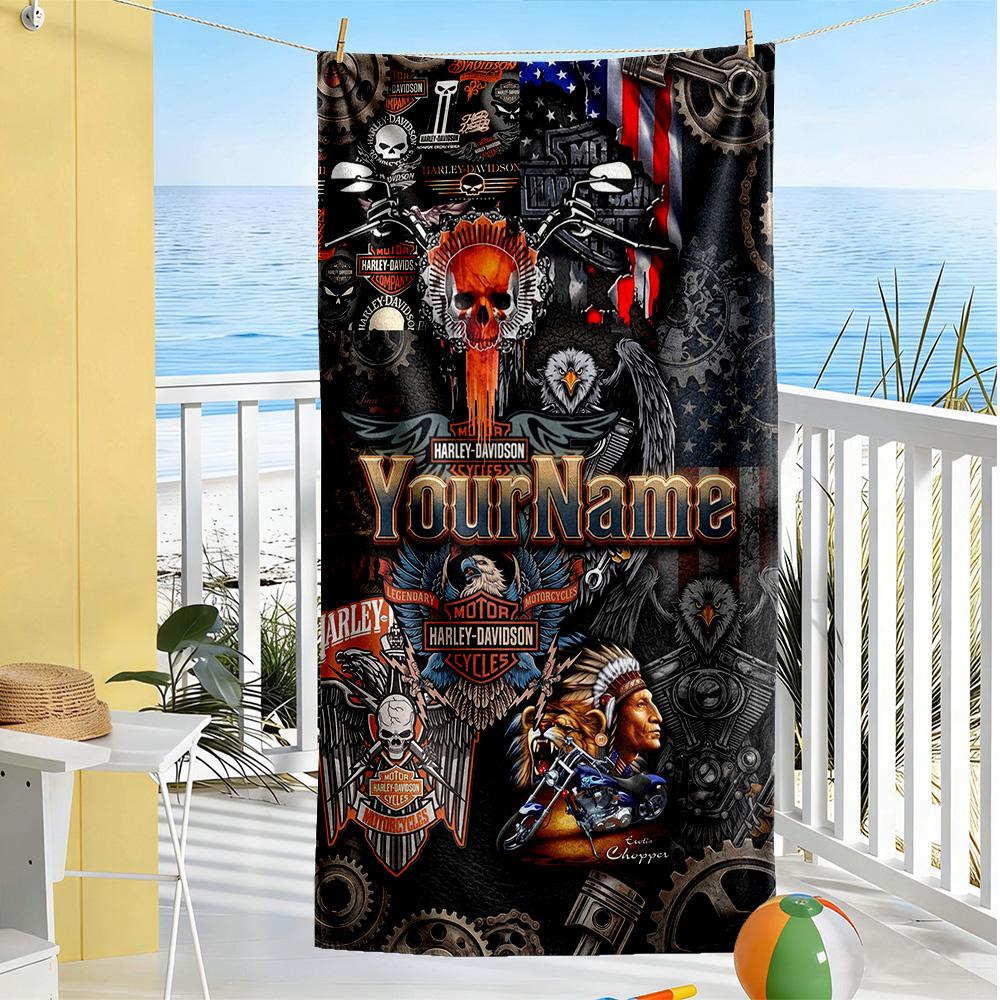 Harley-davidson Motorcycles Personalized Name Beach Towel Soft Durable Quick-Dry Perfect for Traveling Yoga Camping and Swimming