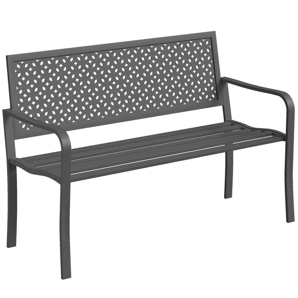 Outdoor Metal Bench, 2-Seater, Geometric Backrest and Armrests, Dark Grey