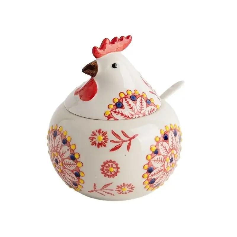 Ceramic Seasoning Pot Rooster Style Kitchen Household High-end Moistureproof Seasoning Salt Box Spicy Pot with Lid with Spoon