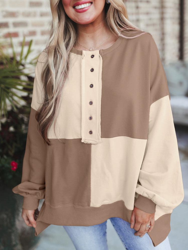 Women's Long Sleeve Color Block Knit Top with Button Front in Multiple Colors