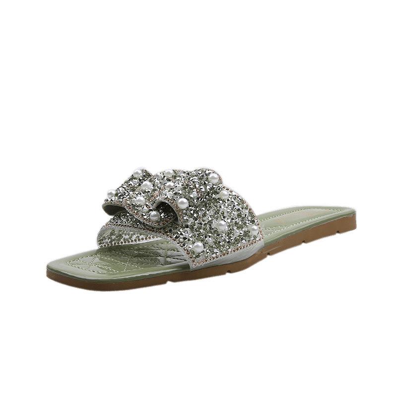 Fashion Rhinestone Flat Sandals Ladies New Low Heel Summer Slippers Elegant Fashion Luxury Women Sandals Outdoor Non-slip Casual Sandals