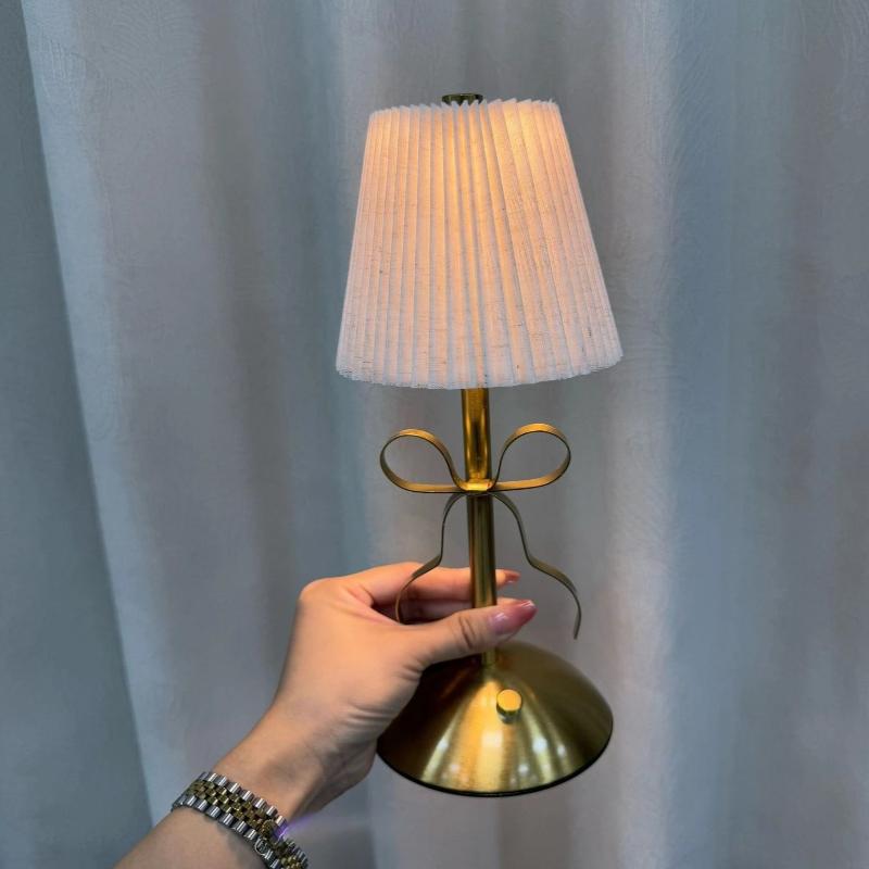 

Rechargeable LED Desk Lamp with Fabric Shade Bow Design Warm Atmosphere Night Light for Luxury Bedroom Decor Desktop Ornament