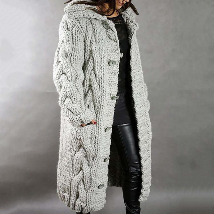 Damen Übergröße Langarm Kapuzenstrickjacke mit Taschen Einreihiger Mantel