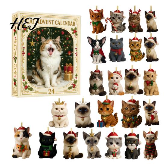 Holiday Countdown Gift Box 24 Day Cat Advent Calendar with Acrylic Christmas Ornaments, 2D Flat Animal Themed Ornaments Hanging Decorations, Xmas Tree